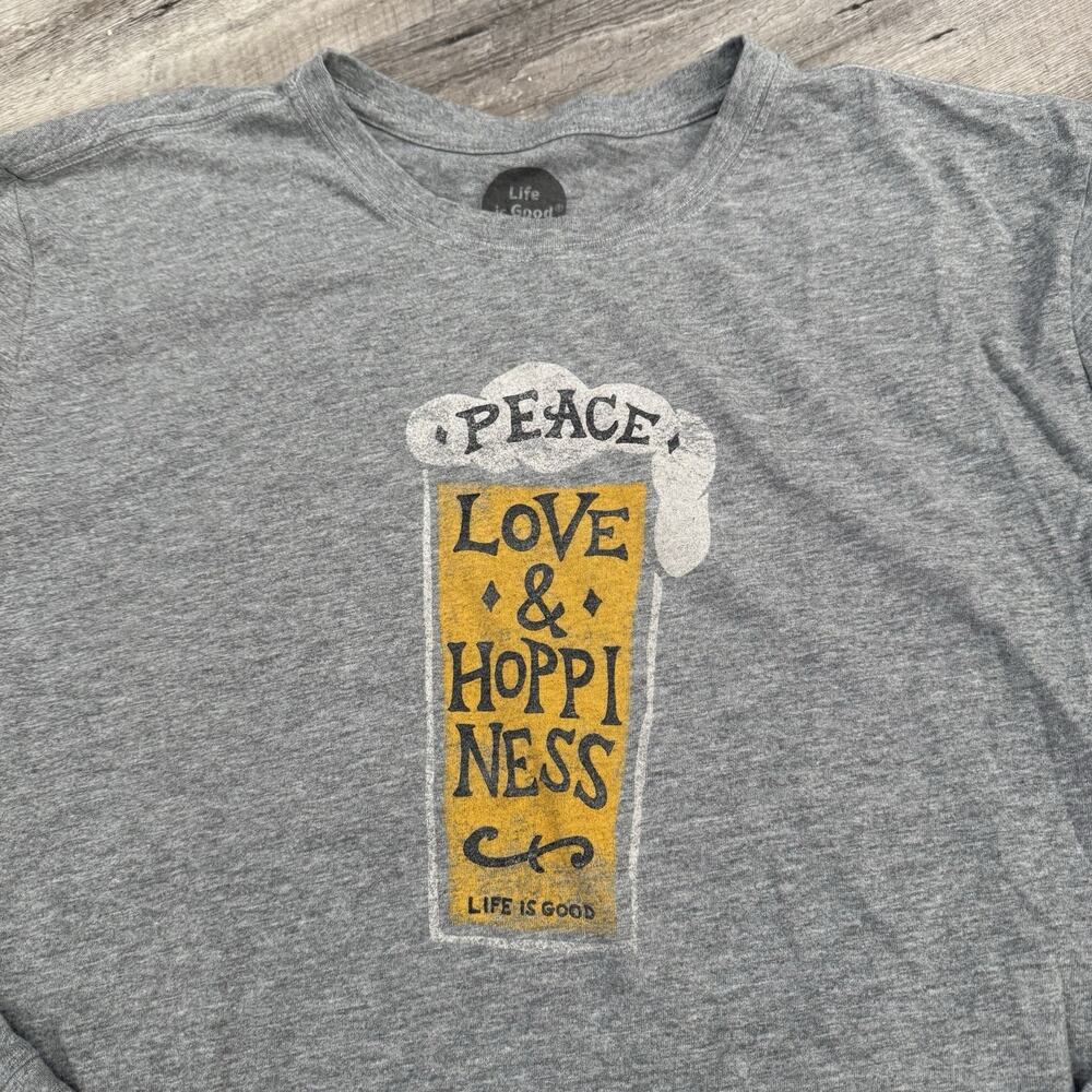 Life is Good T-Shirt Mens XL Gray Peace Love & Hoppiness Long Sleeve Crusher Tee - Picture 1 of 8